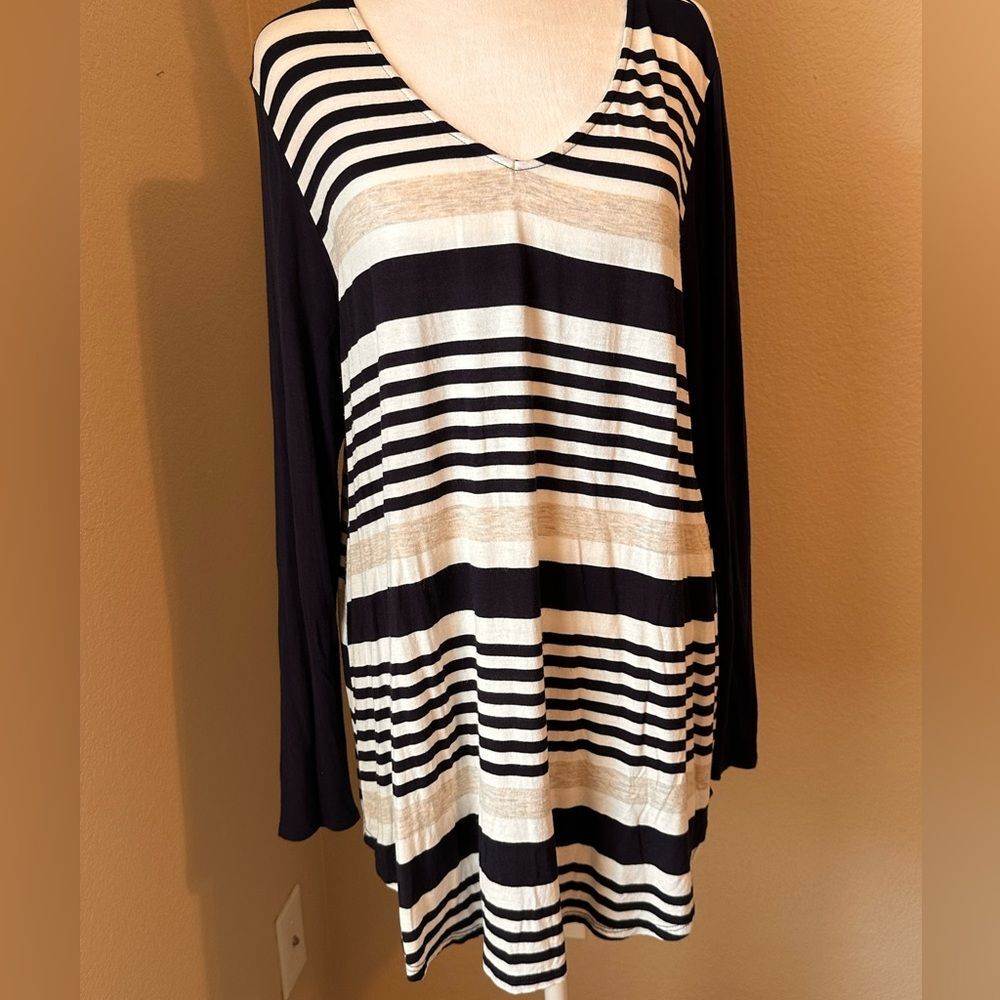 Navy and White Striped V-Neck Long Sleeve Top